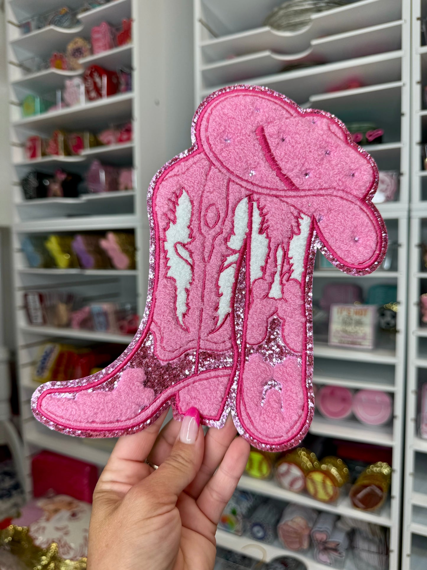 Pink Cowboy Boots Chenille Patch