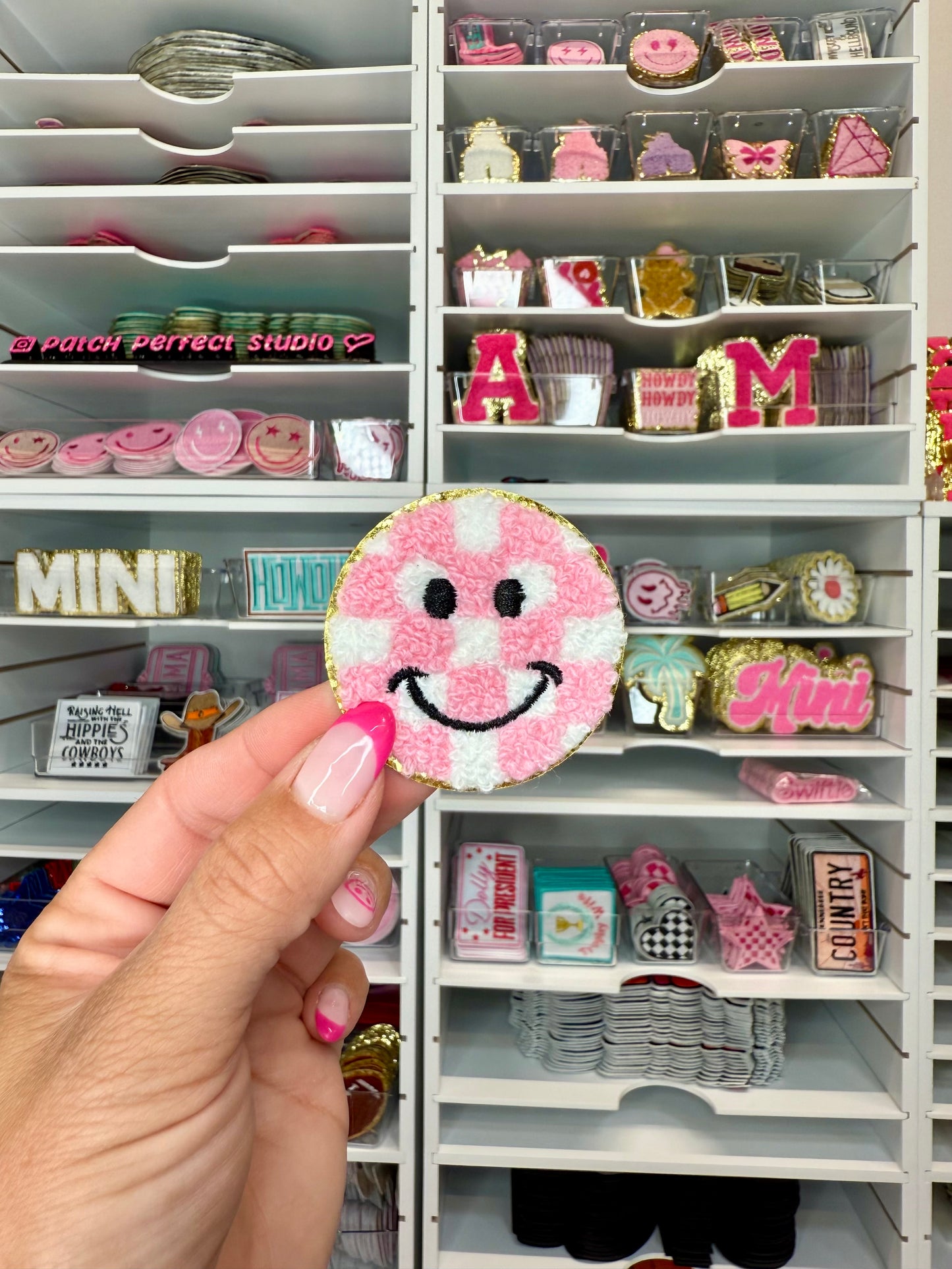 Pink Checkered Smiley Face Chenille Patch